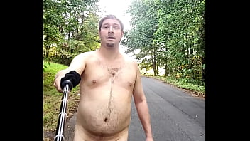 Exhibitionist Nudist walks butt naked in woods/forest and on public road,  open field