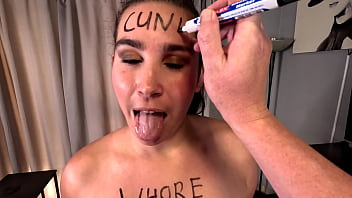 Whore loves humiliation while sucking,  jerking off cock,  face spitting,  cum facial.
