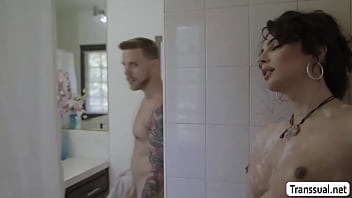 Tgirl maid takes a bath and analed by her boss