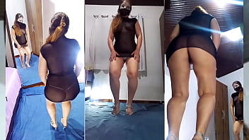 Undressing,  black transparent dress and crystal panties