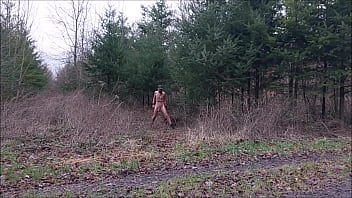 naked pathetic slave in penis cage and humiliating body writing hiking in public wood and peeing,  BDSM CBT