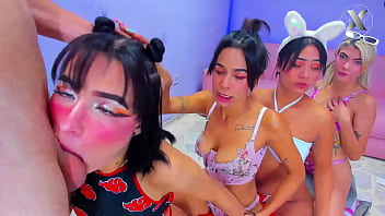 4 Beautiful Sluts Swallow a Huge Cock and then Get Fucked to Exhaustion